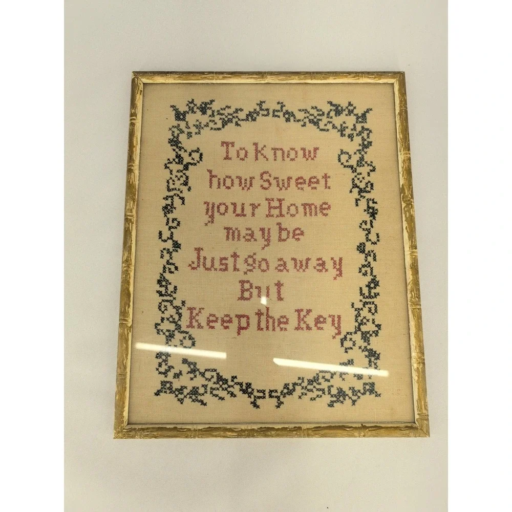 Vintage Cross Stitch Gold Faux Bamboo Frame Home Sweet Home Wall Art
